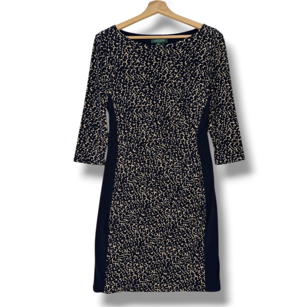 Lauren Ralph Lauren Navy Tan Animal Print Sheath Dress Womens Size 10 3/4 Sleeve